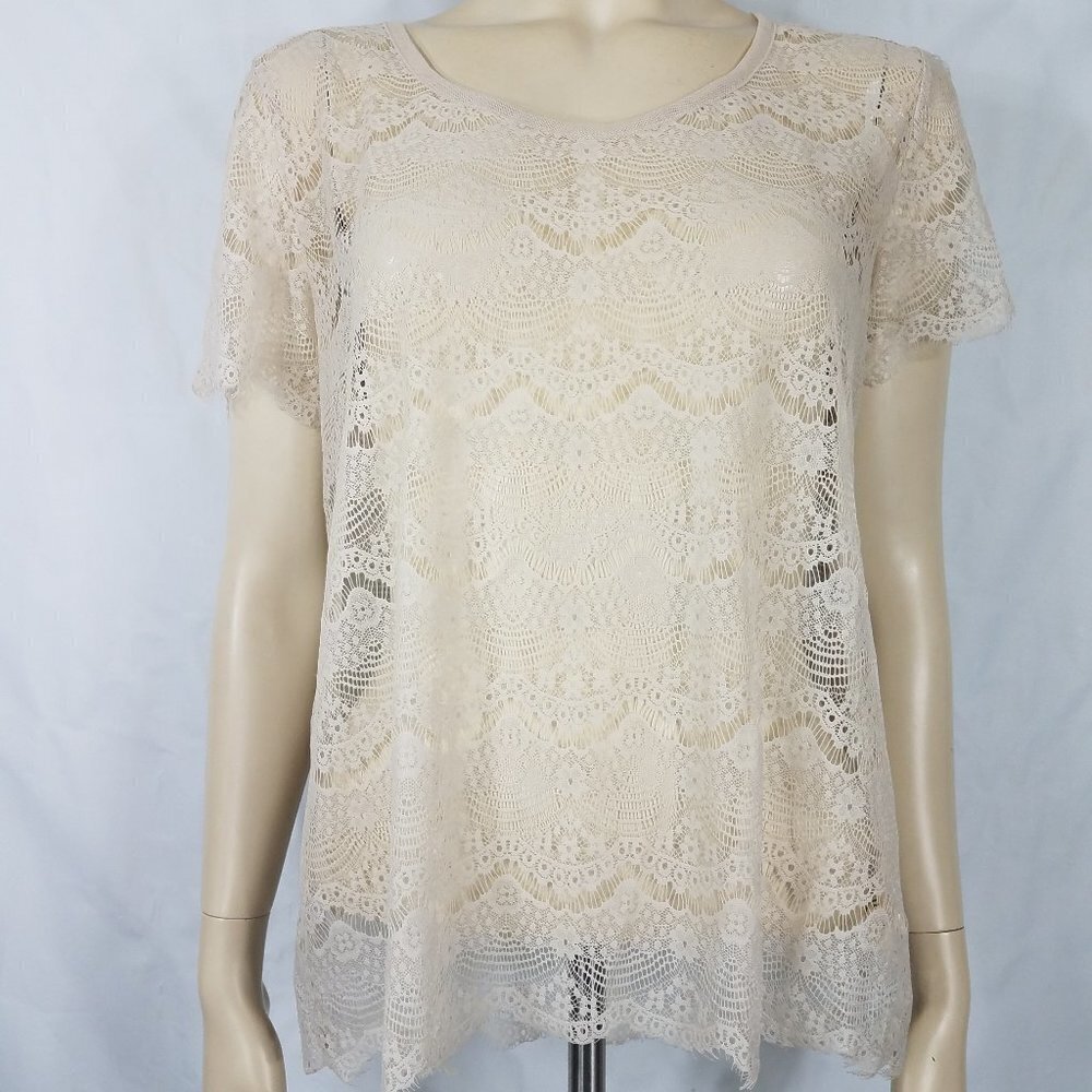 NWT Fossil beige ivory sheer nylon lace short sleeve blouse shirt ladies medium